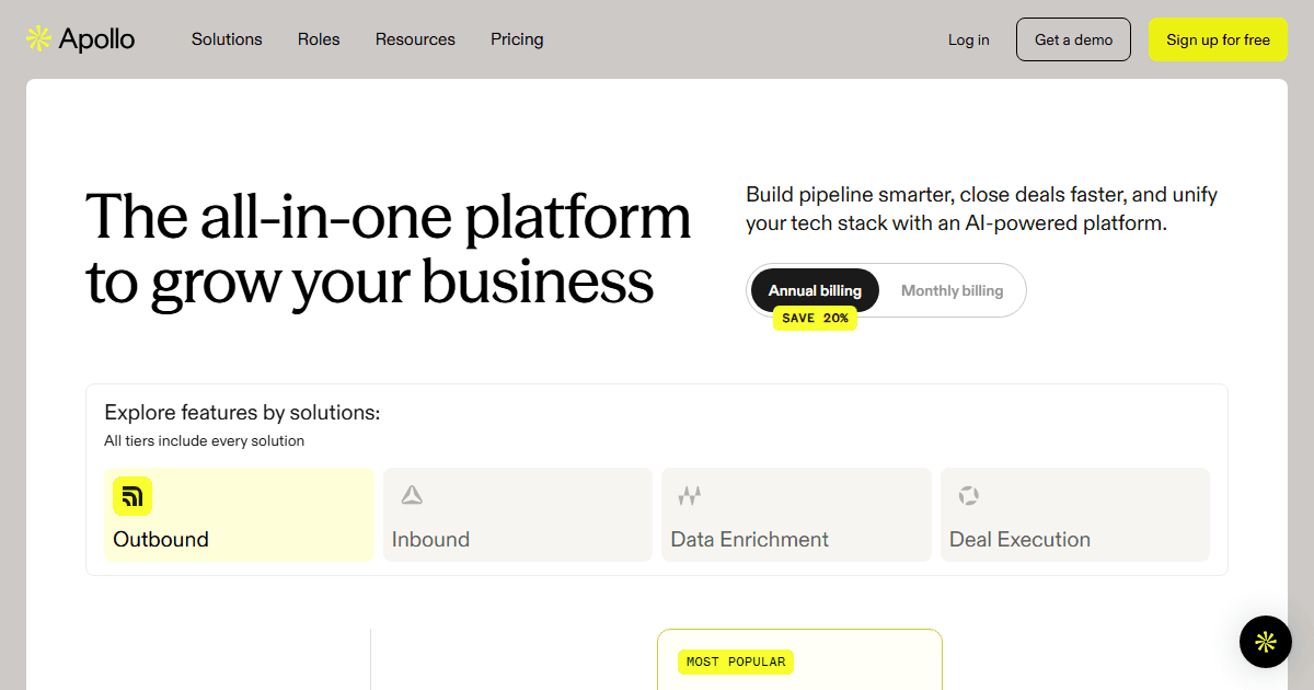 Apollo.io pricing page showing the all-in-one platform tiers