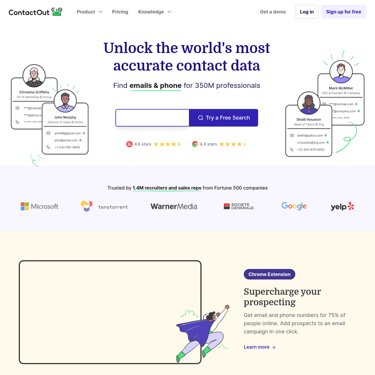 ContactOut homepage in May 2026 showing the personal and work email positioning