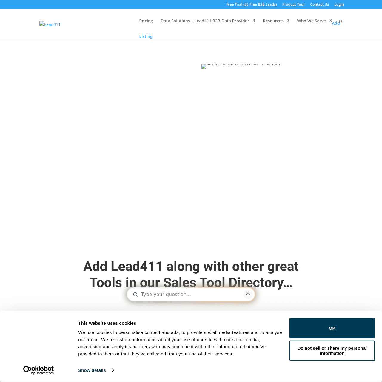Lead411 homepage in May 2026 showing verified contacts and growth intent positioning