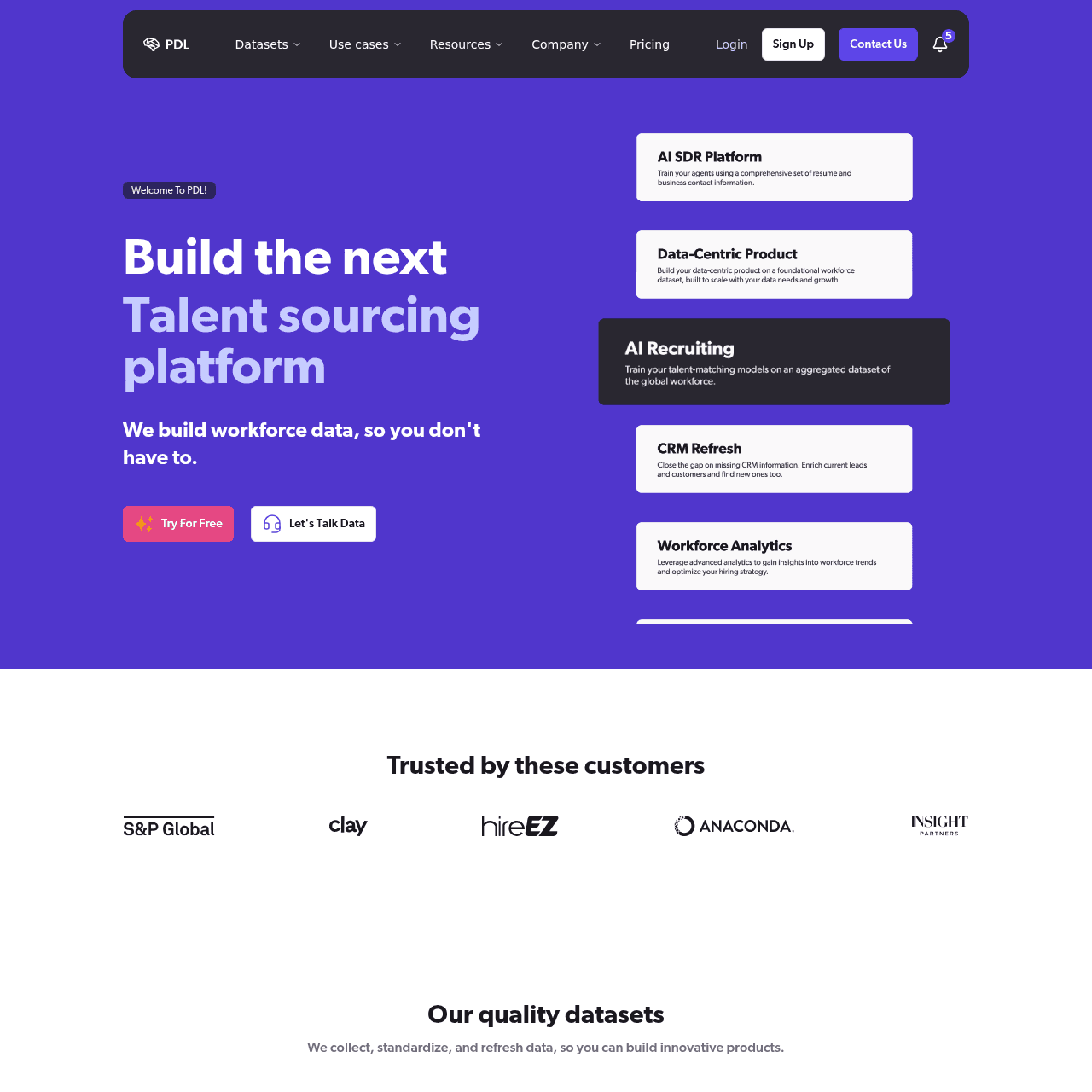 People Data Labs homepage in May 2026 showing the developer-data positioning