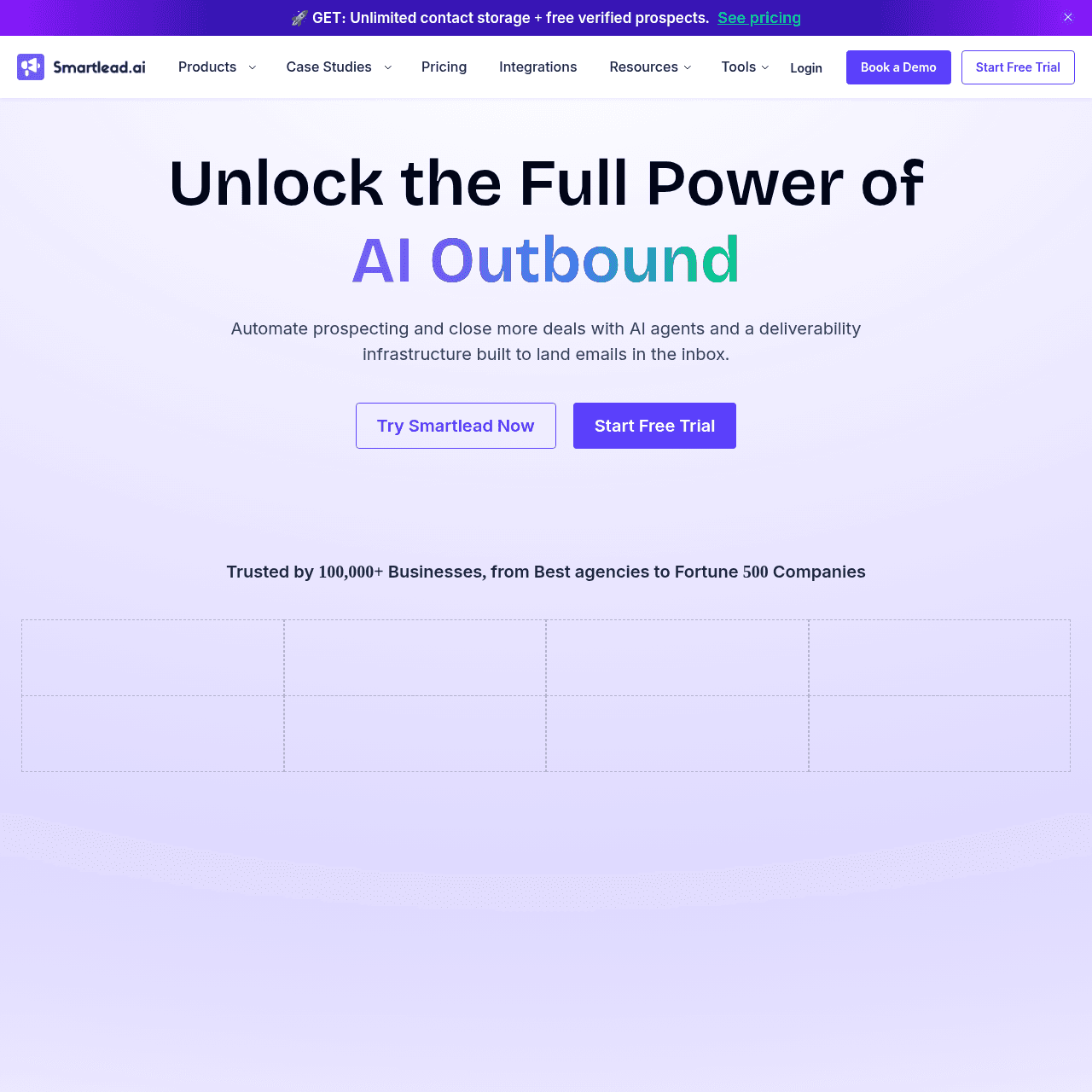 Smartlead homepage in May 2026 showing the AI outbound and unlimited mailboxes positioning