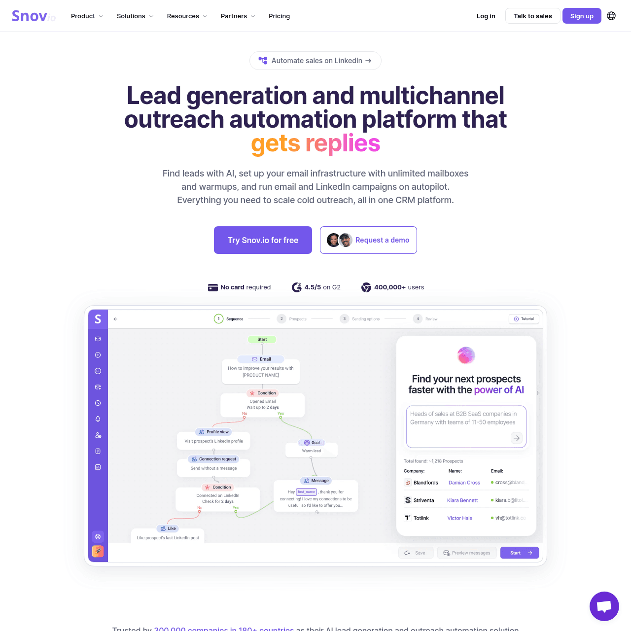 Snov.io homepage showing the email-finder and outreach platform
