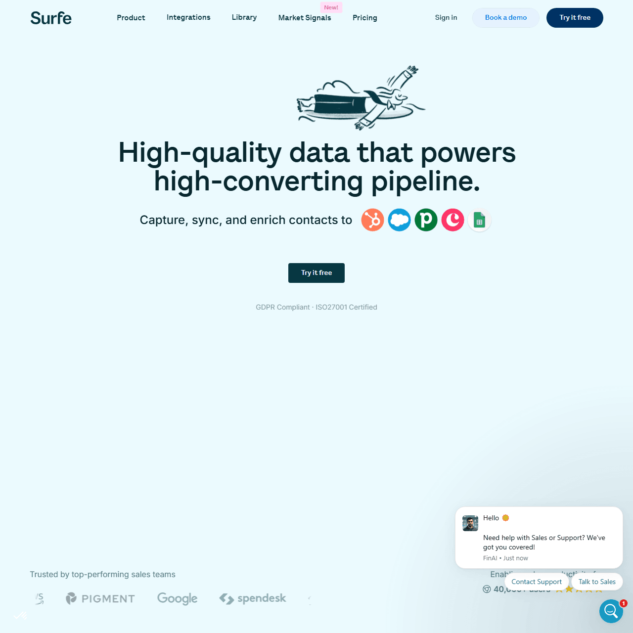 Surfe homepage in May 2026 showing the LinkedIn-to-CRM and waterfall enrichment positioning