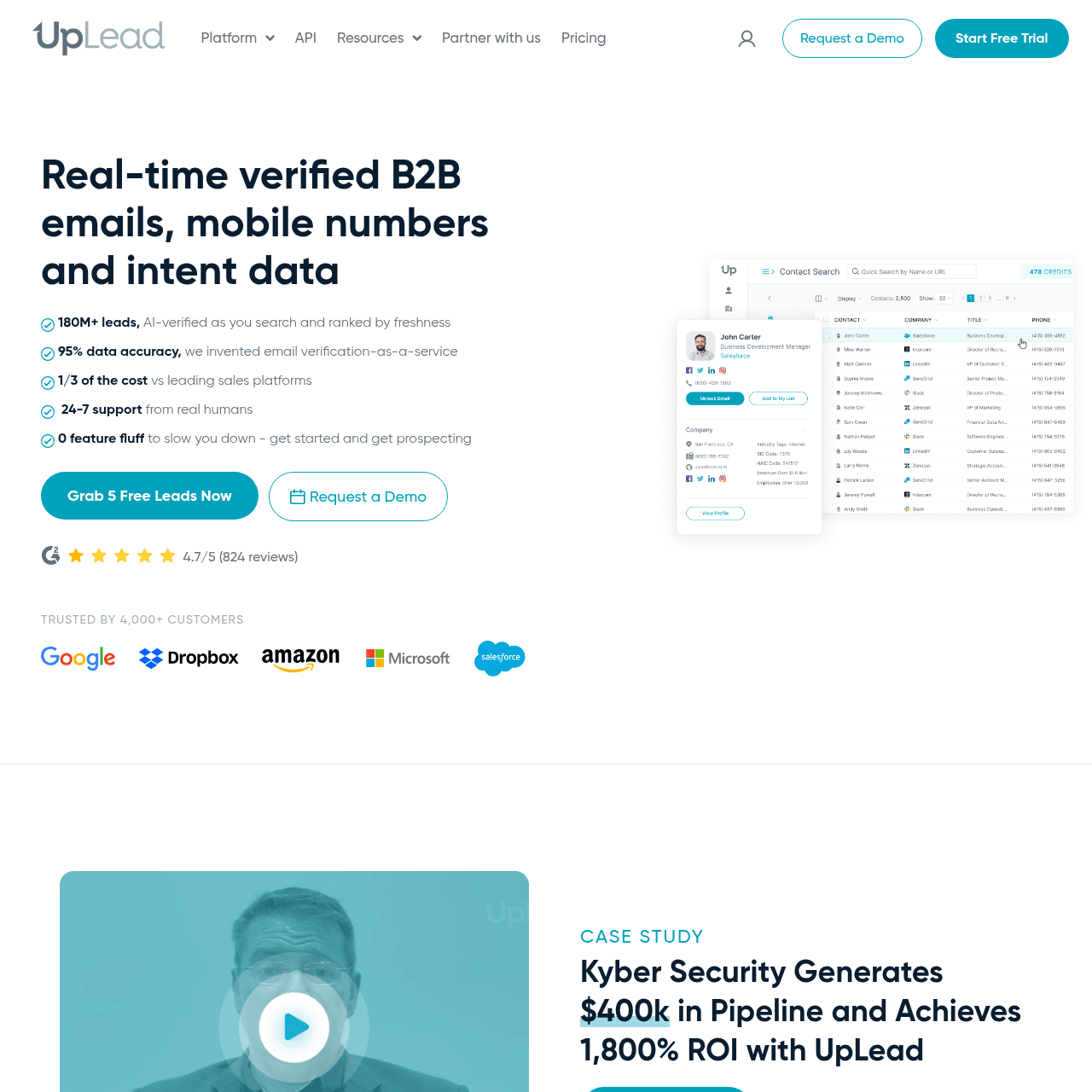 UpLead homepage in May 2026 showing the 95% data accuracy positioning