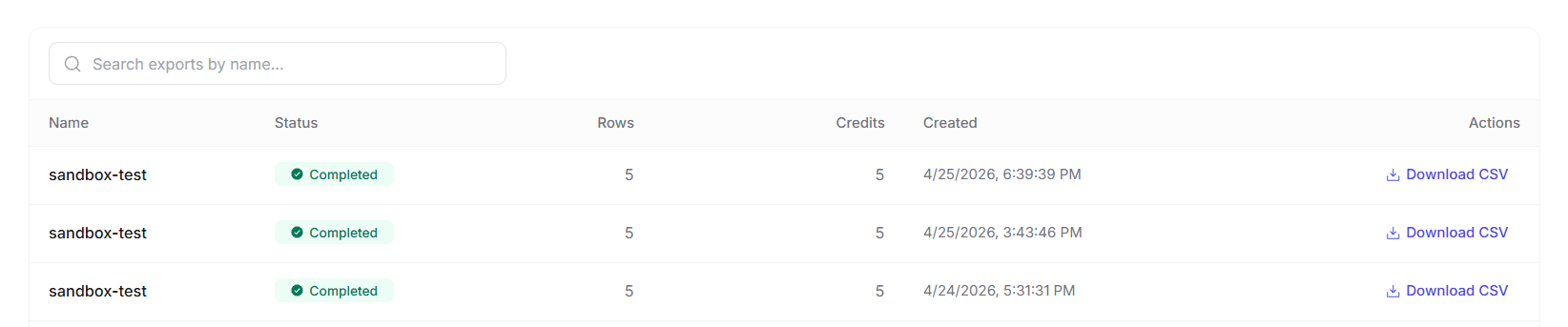 Lead finder export history with a search bar above the table