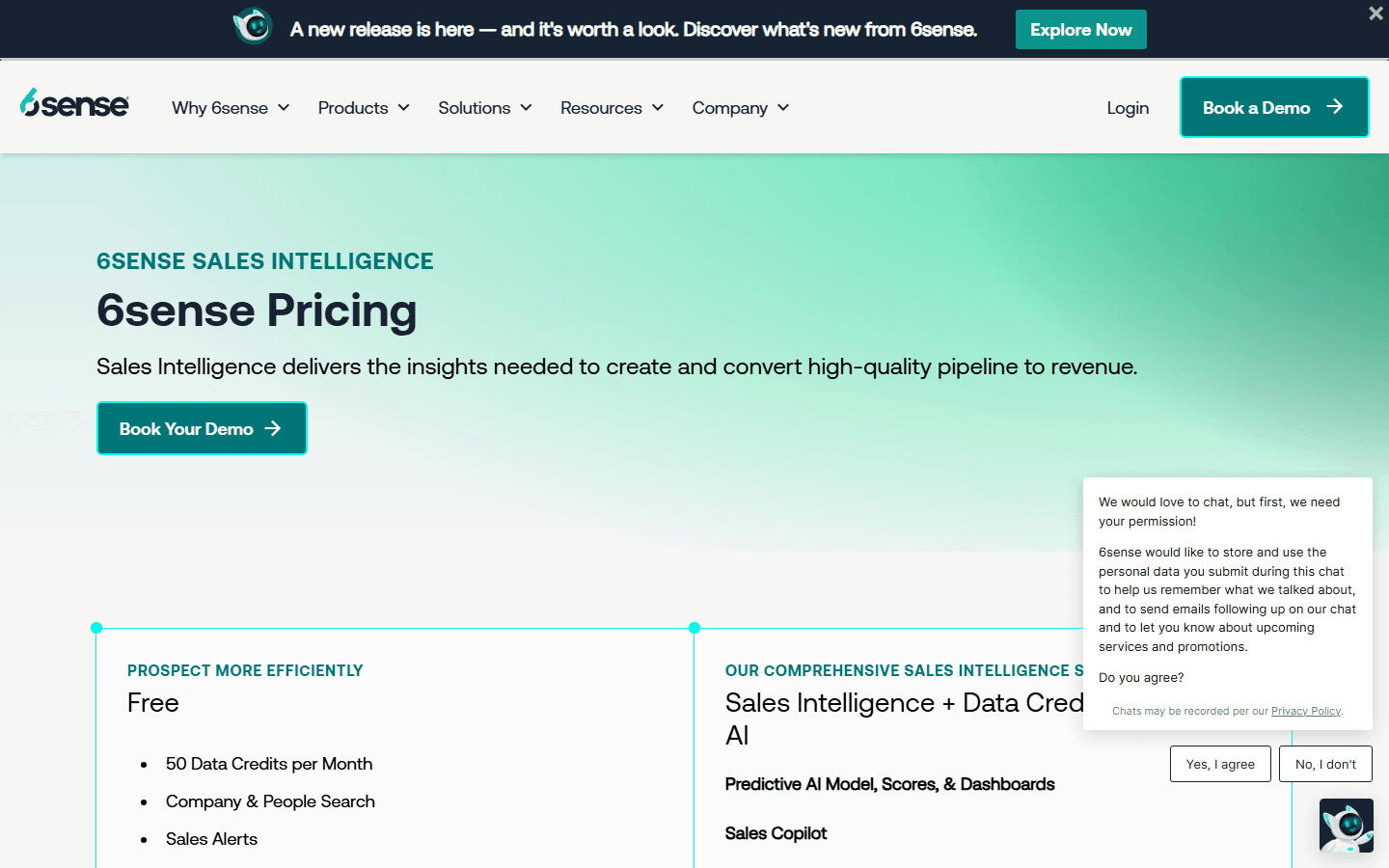 6sense pricing page showing the Free tier and Sales Intelligence + Data Credits / Predictive AI configurations