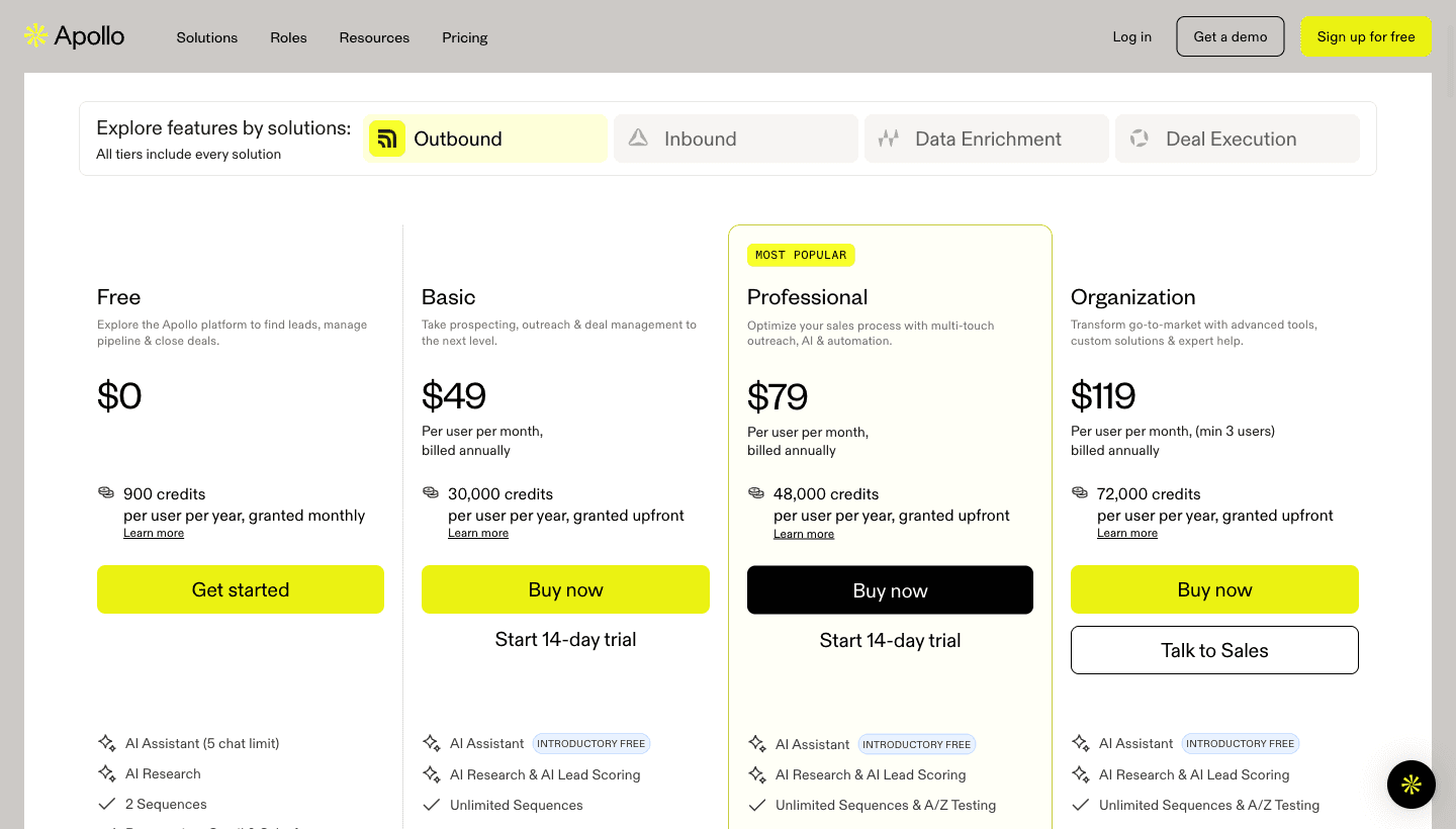 Apollo.io pricing tiers: Free, Basic $49/user/mo, Professional $79/user/mo, Organization $119/user/mo