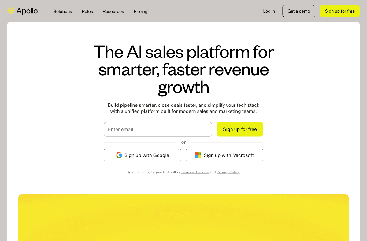 Apollo homepage showing all-in-one sales platform with CRM sync