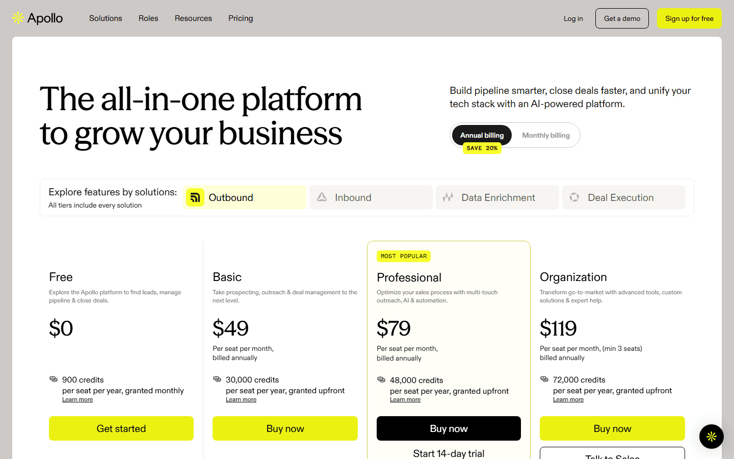 Apollo.io pricing page showing Free, Basic, Professional, and Organization plans