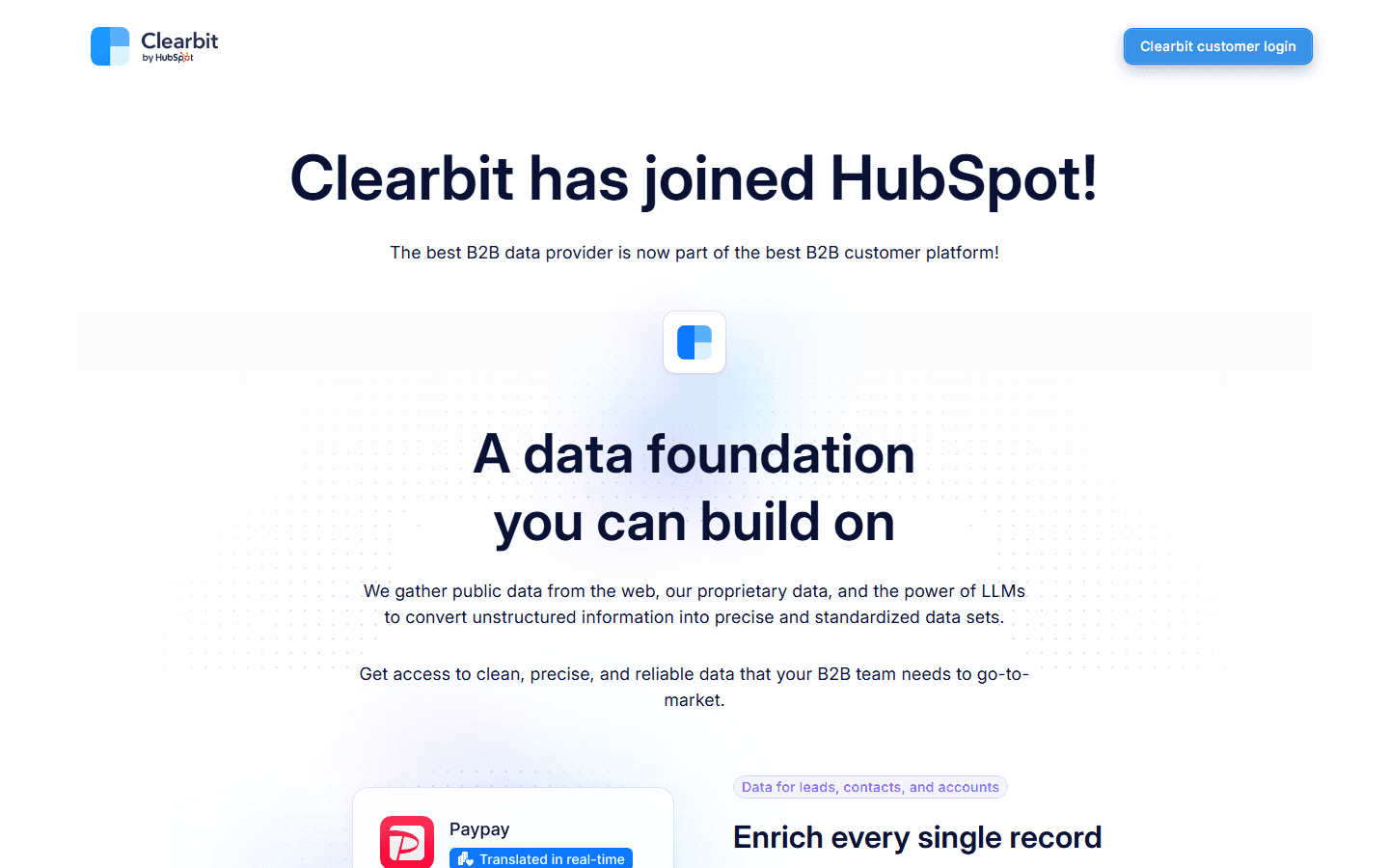 Clearbit homepage showing it has joined HubSpot