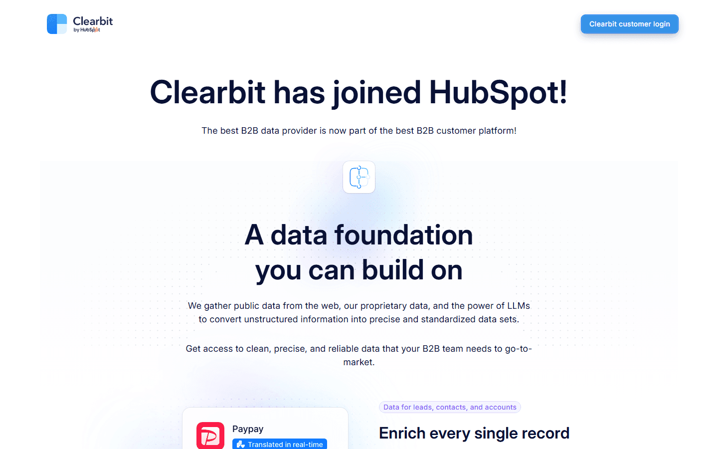 Clearbit homepage showing 'Clearbit has joined HubSpot' rebrand banner