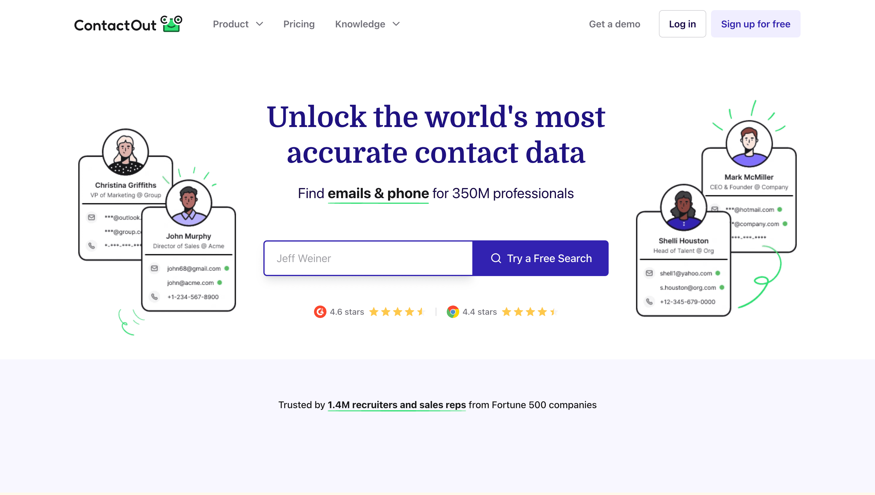 ContactOut homepage showing personal and work email reveal from LinkedIn