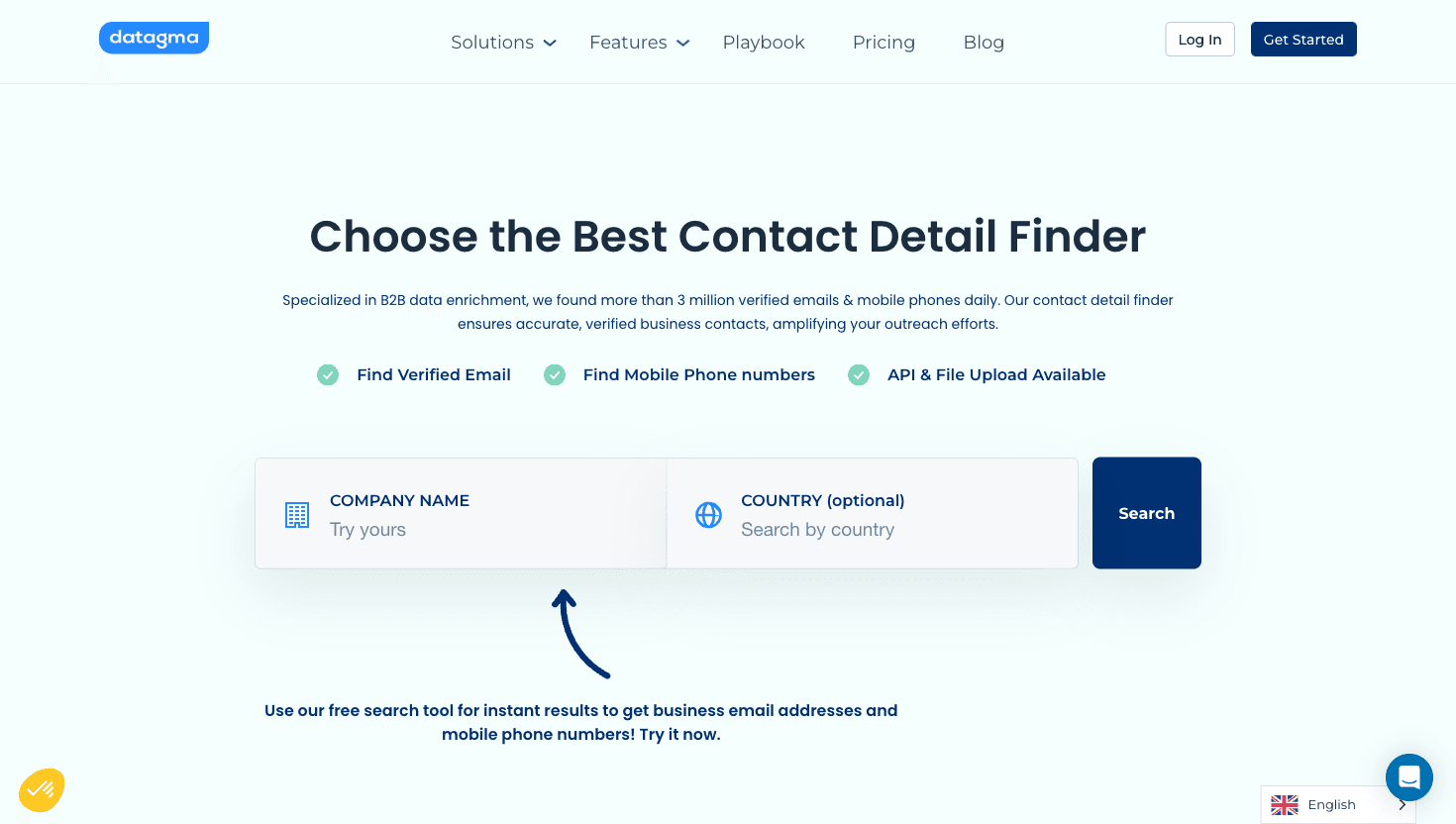 Datagma homepage showing B2B contact detail finder
