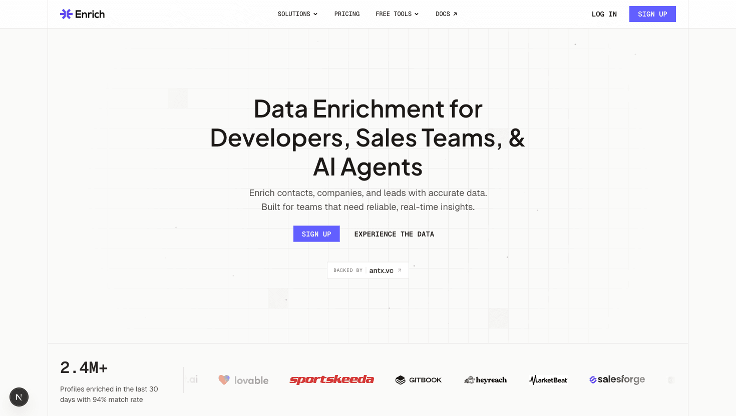 Enrich homepage showing waterfall CRM enrichment for Salesforce and HubSpot