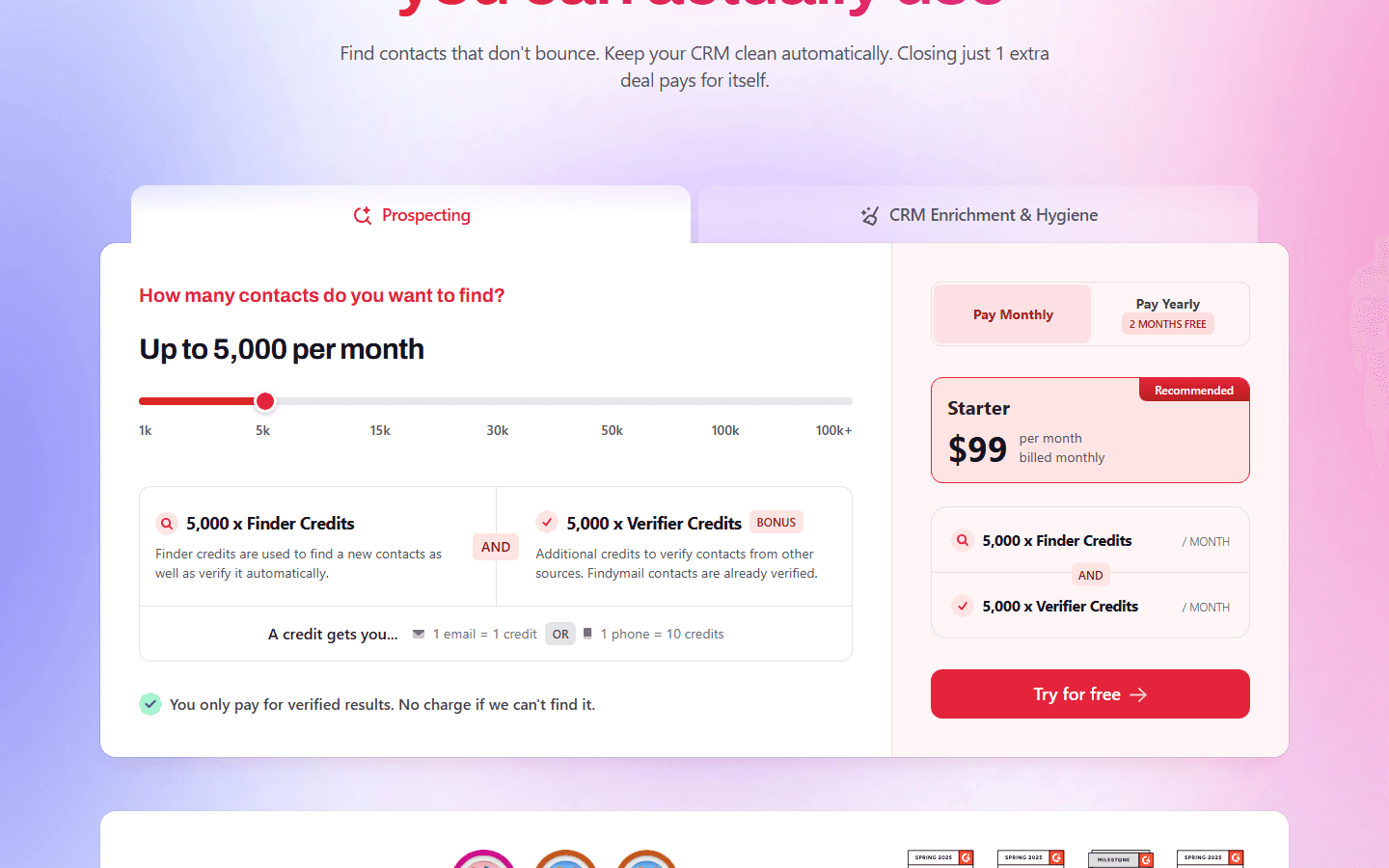 Findymail pricing page with the volume slider and Starter plan
