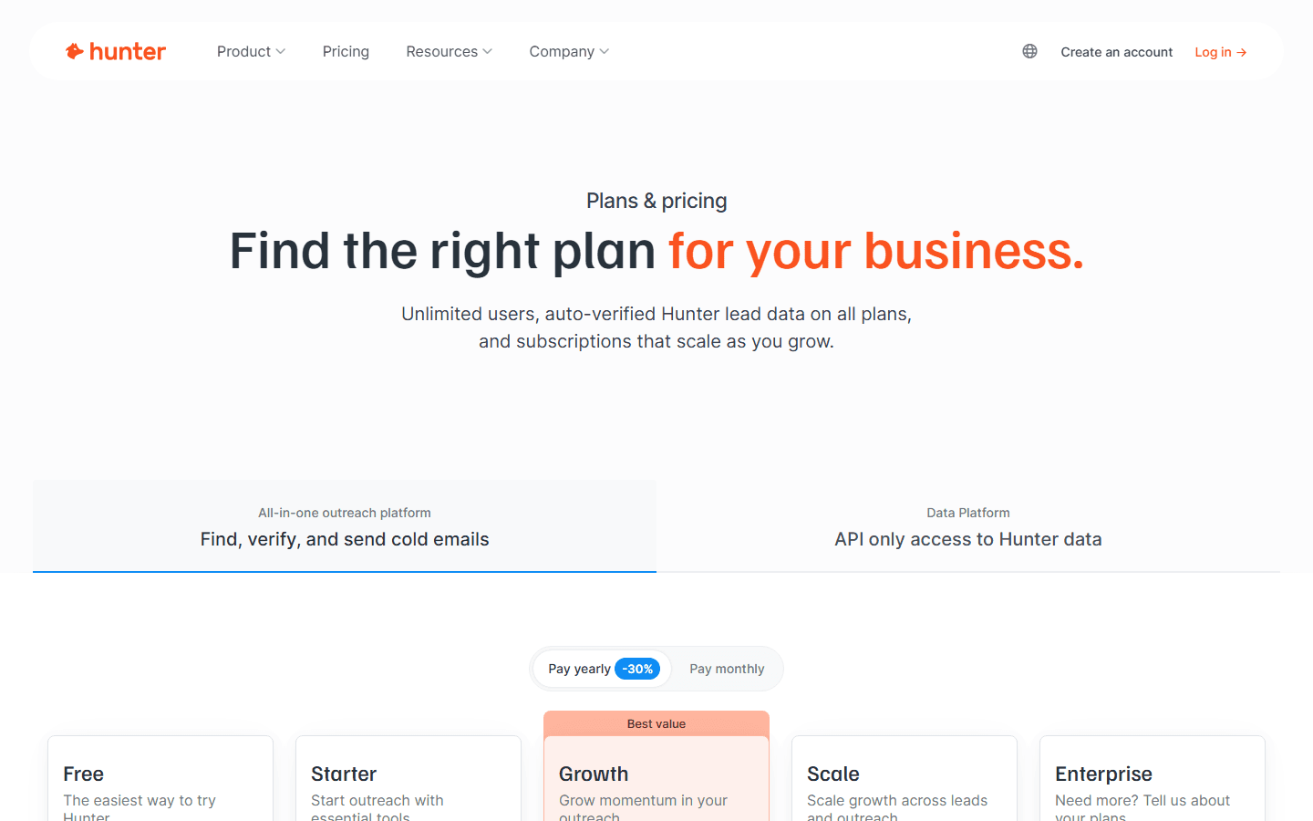 Hunter.io pricing page showing Free, Starter, Growth, Scale, and Enterprise tiers with Pay yearly -30% toggle