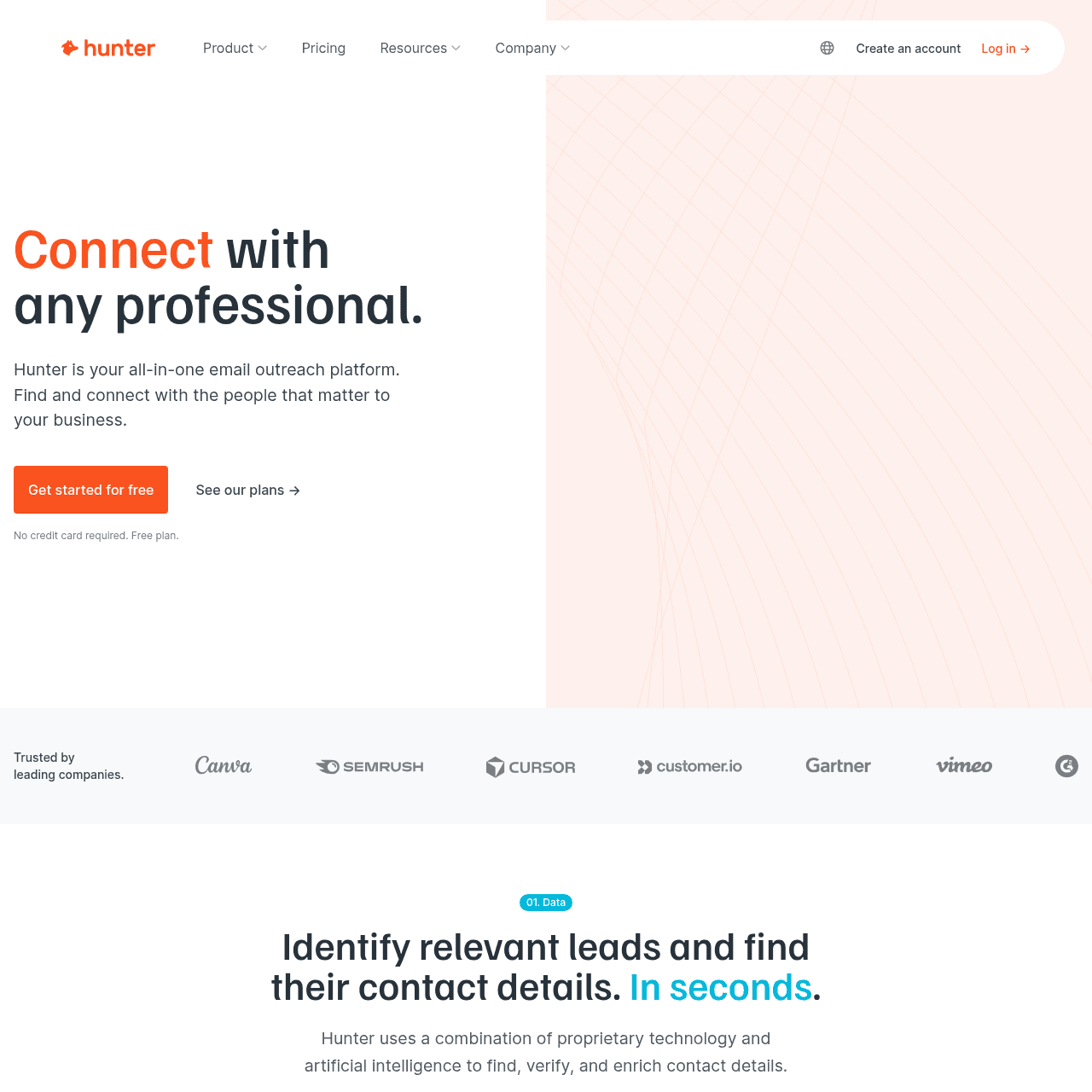 Hunter.io homepage in 2026 showing the all-in-one outreach platform positioning