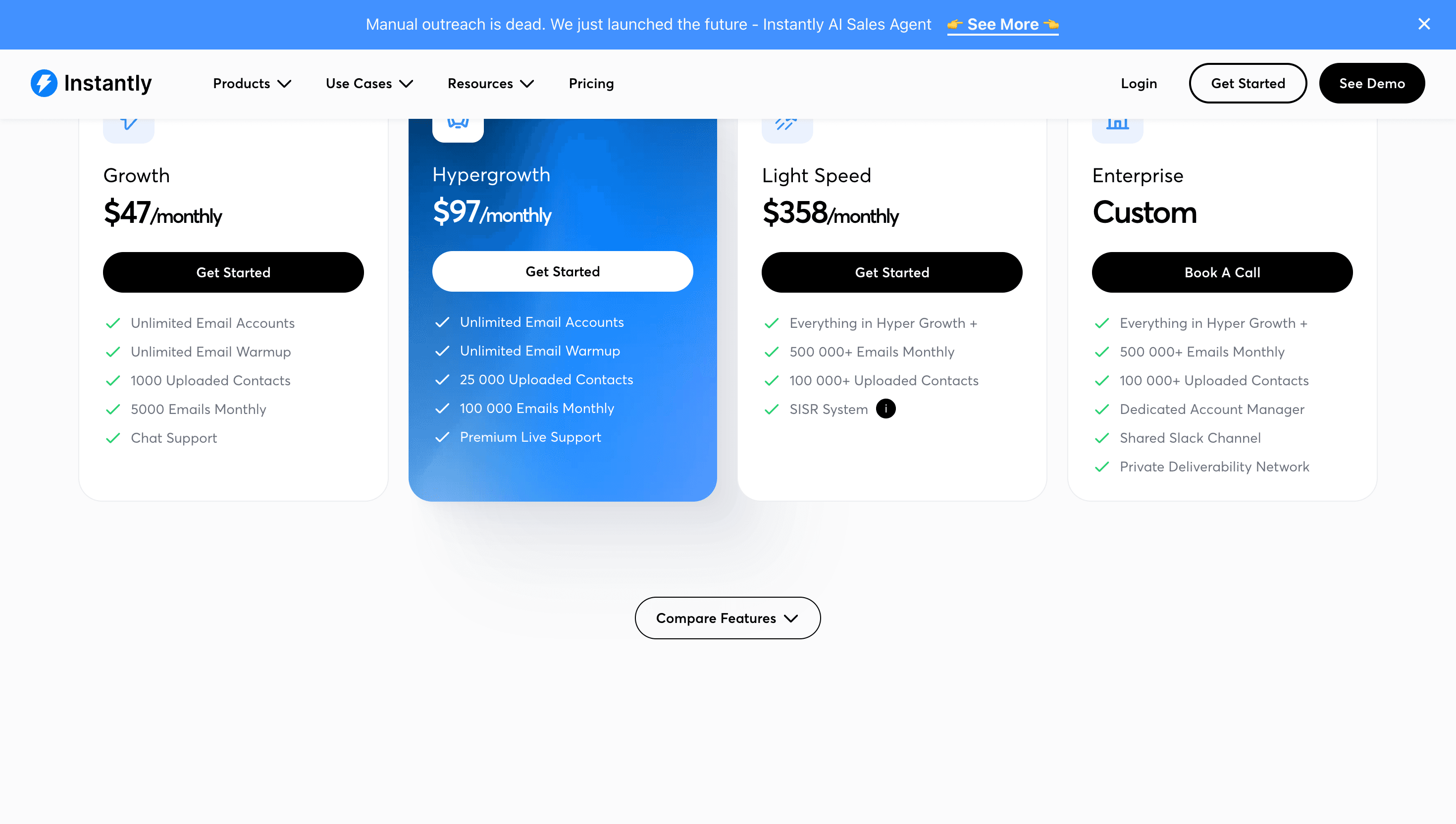 Instantly.ai pricing page showing plans and costs