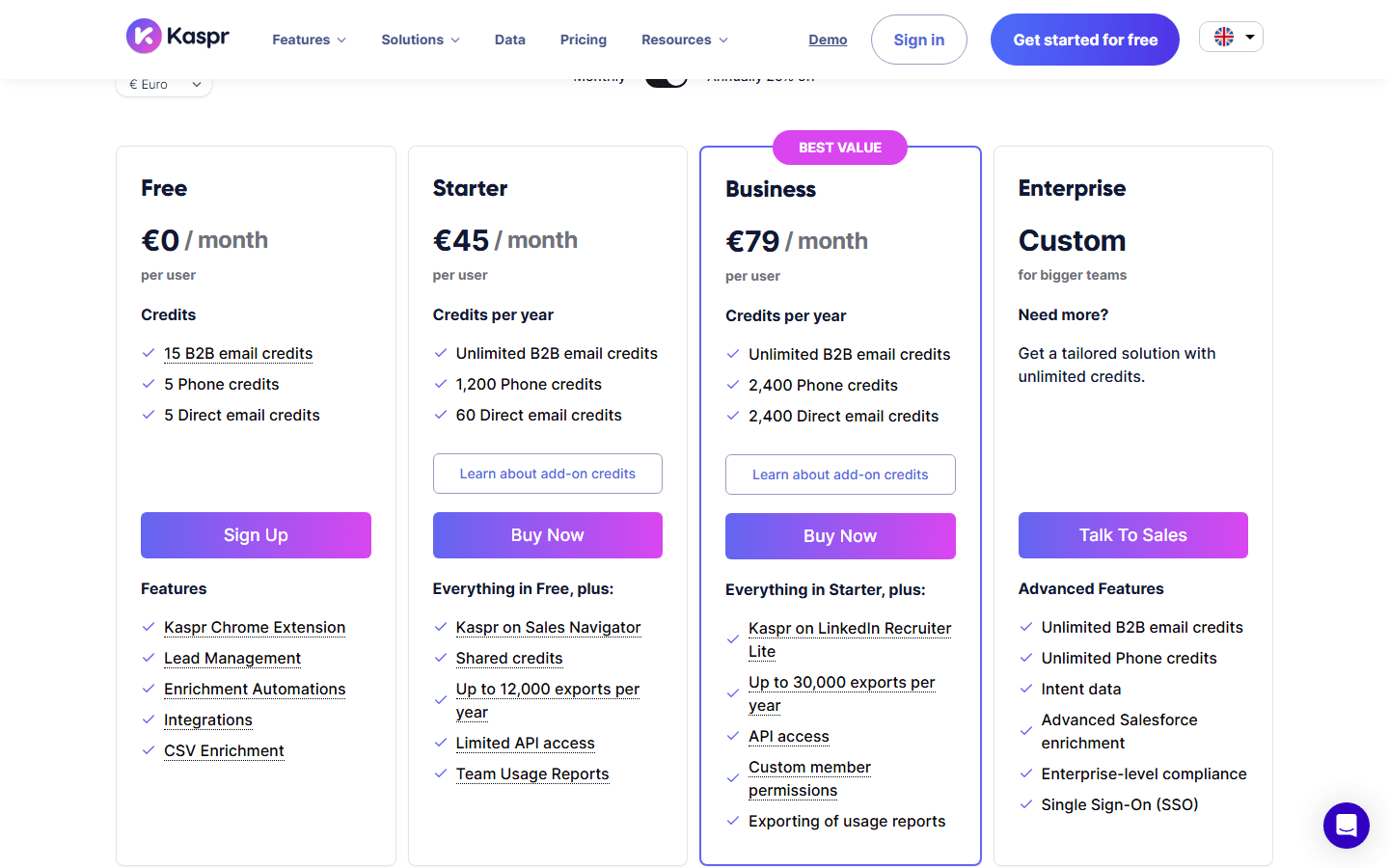Kaspr pricing page showing Free, Starter, Business, and Organization plans