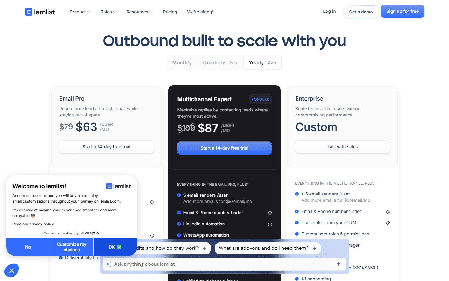 Lemlist pricing page showing Email Pro $63, Multichannel Expert $87, and Enterprise tiers on Yearly billing