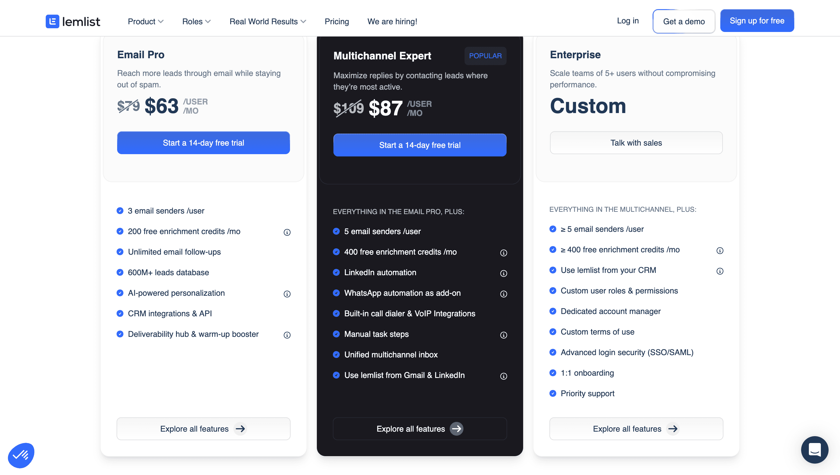 Lemlist pricing page showing plans and costs