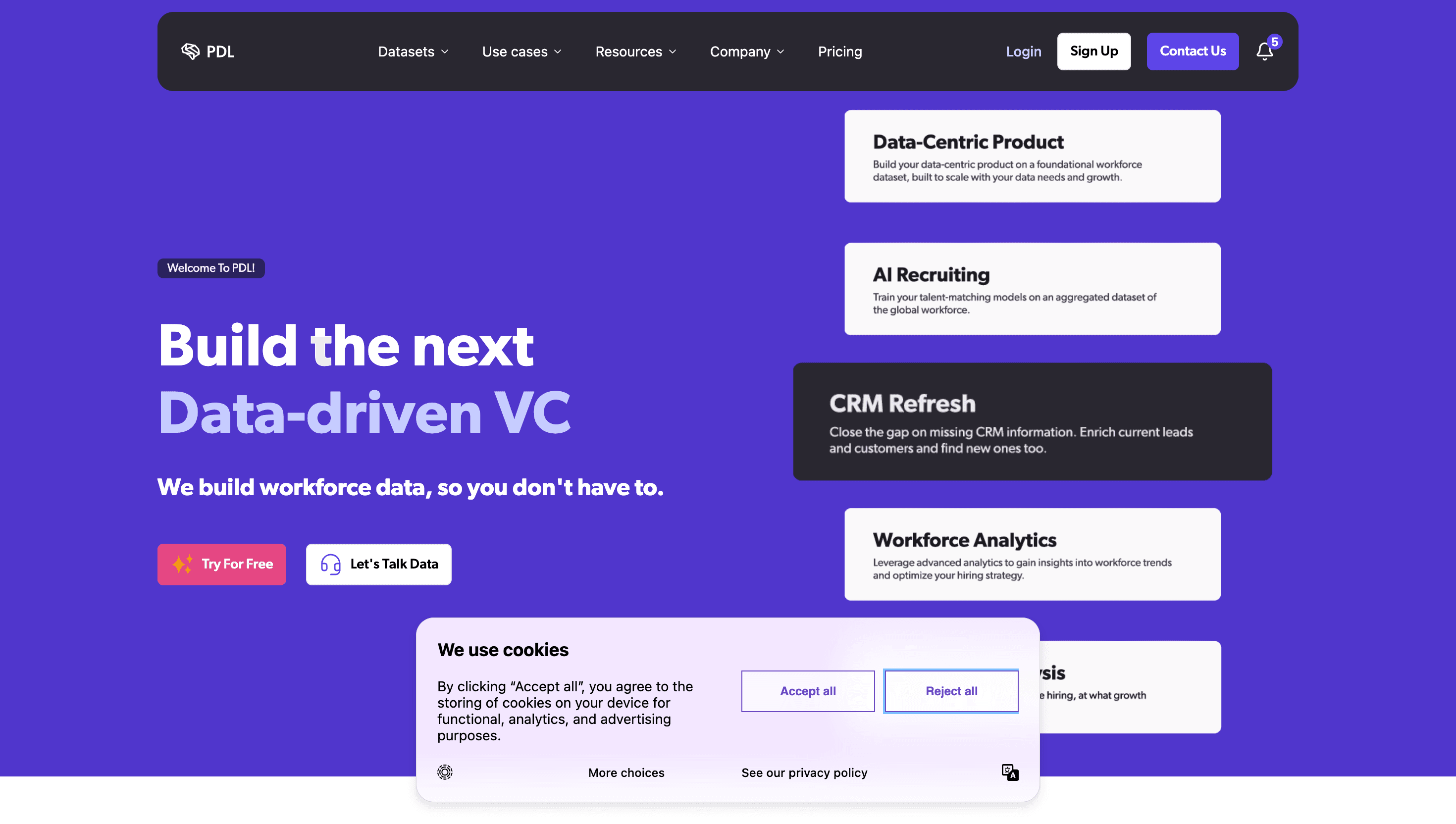 People Data Labs homepage showing raw person and company datasets through an API