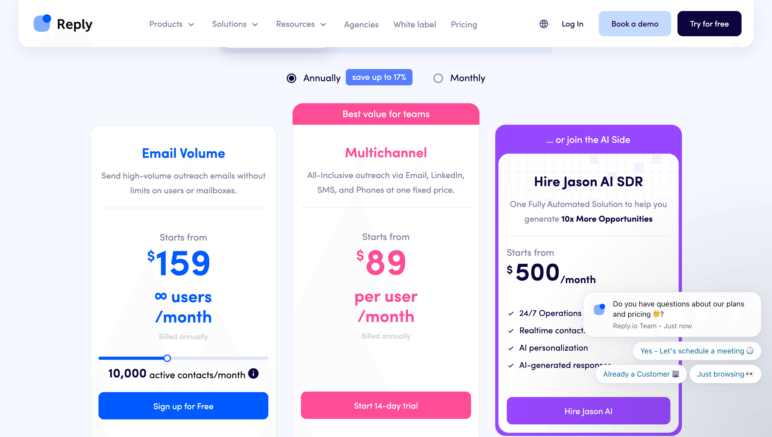 Reply.io pricing page showing Email, Multichannel, Agency, and AI SDR plans