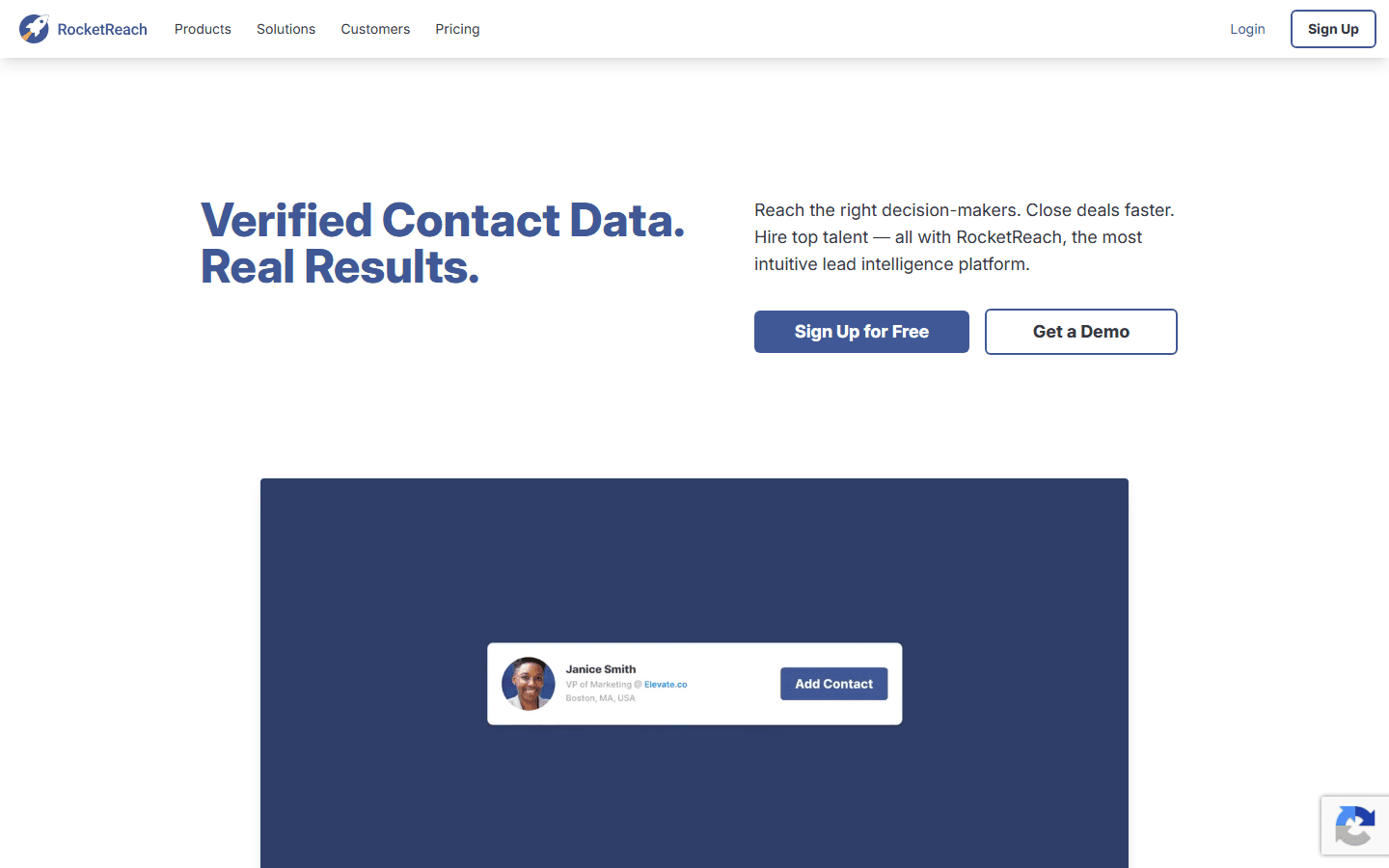 RocketReach homepage hero: 'Verified Contact Data. Real Results.'