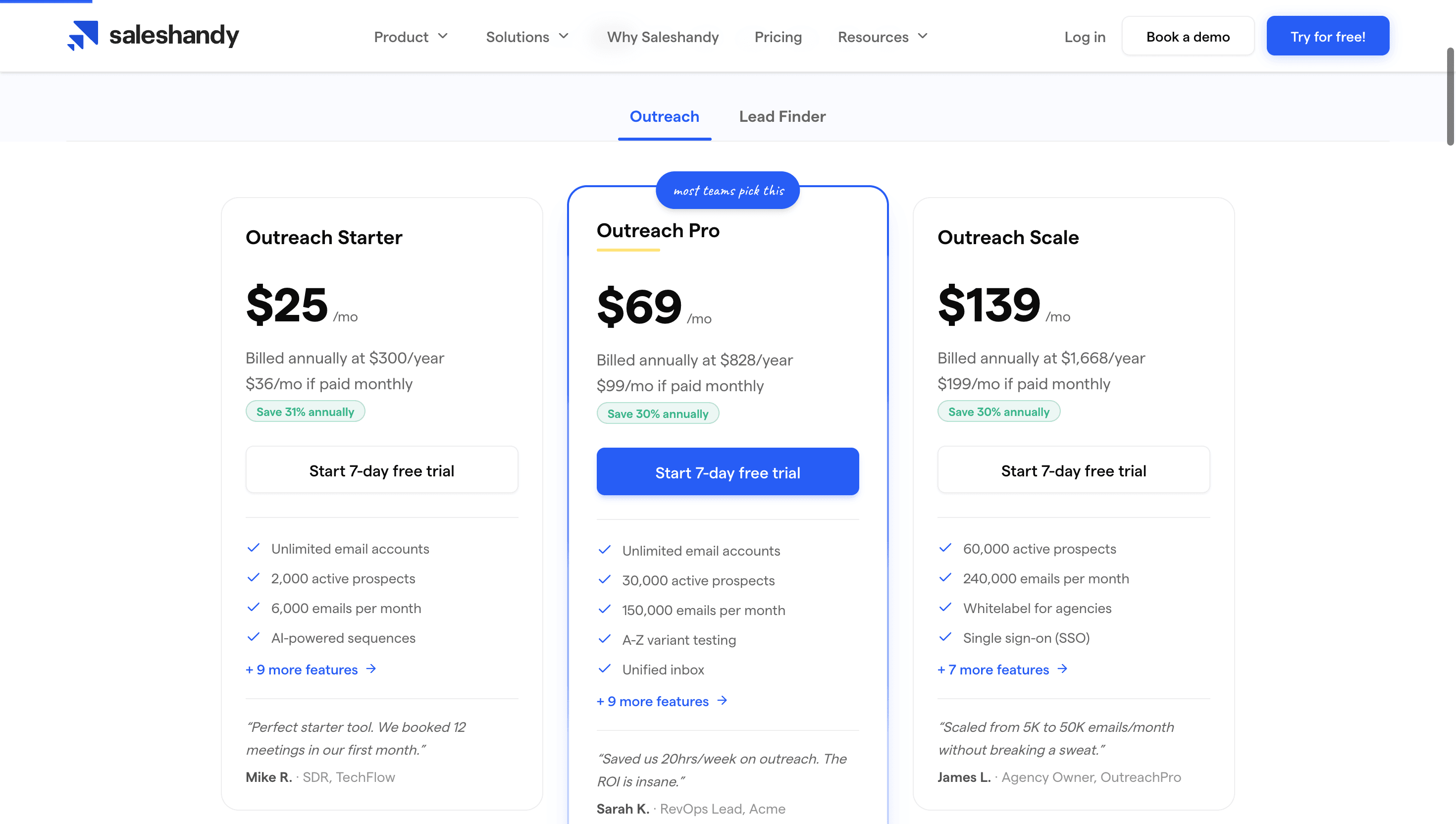 SalesHandy pricing page showing plans and costs