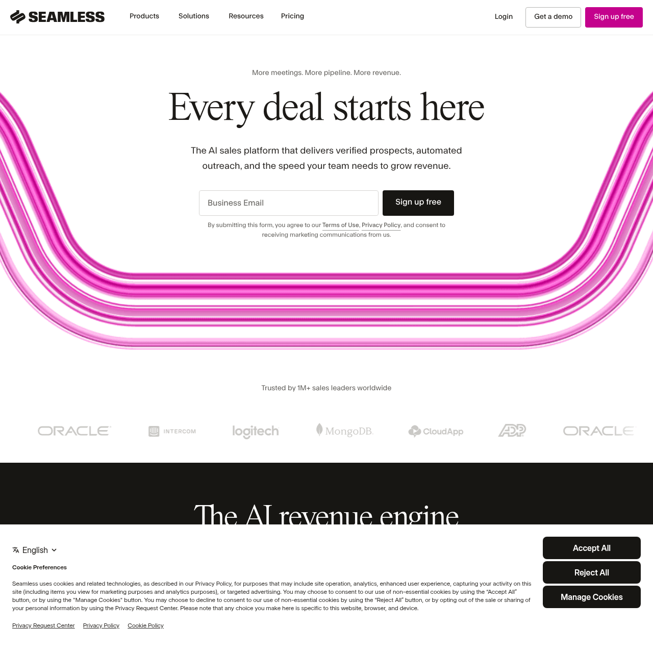 Seamless.AI homepage in May 2026 showing the AI-powered lead intelligence positioning