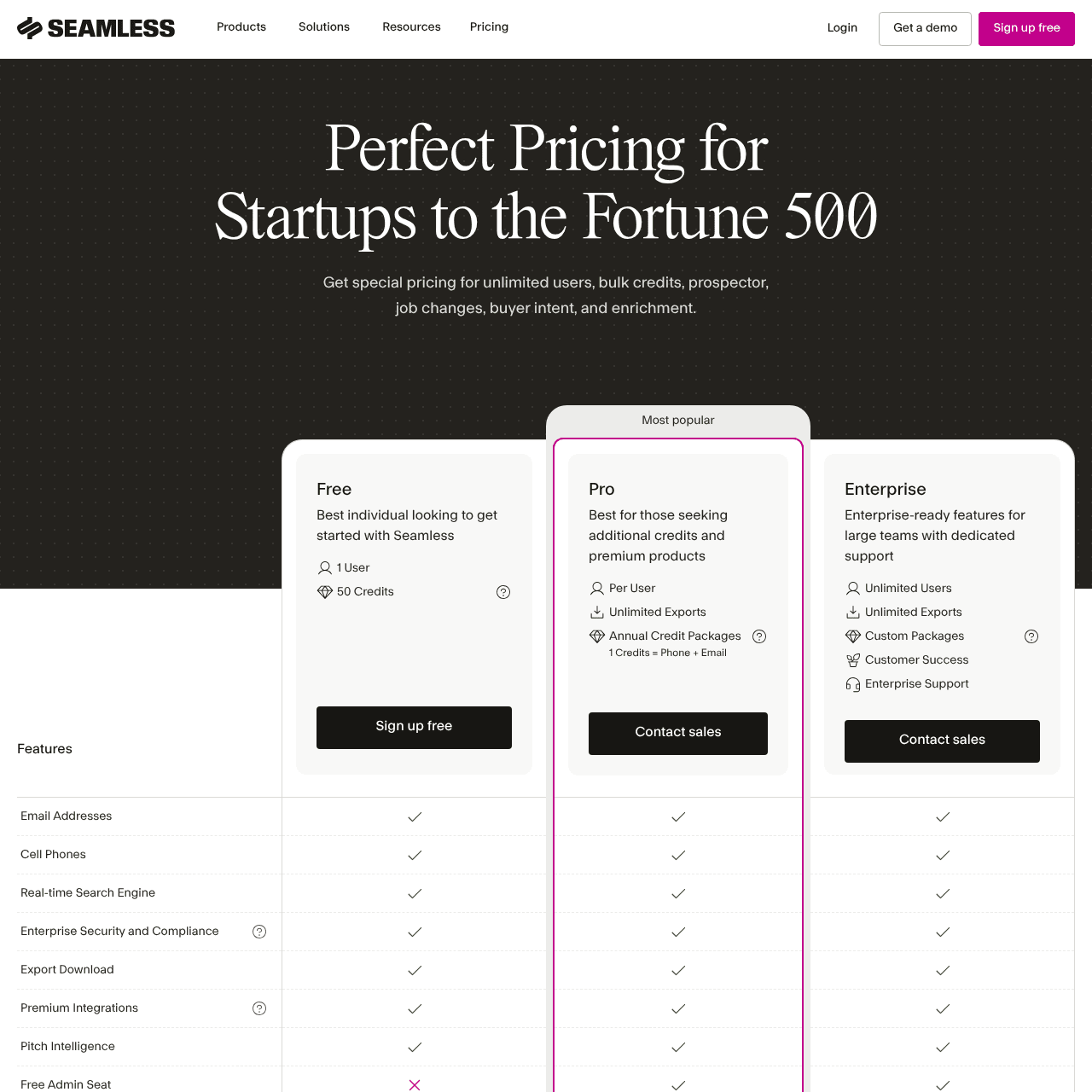 Seamless.AI pricing page in May 2026 showing Free, Pro (contact sales), and Enterprise (contact sales)