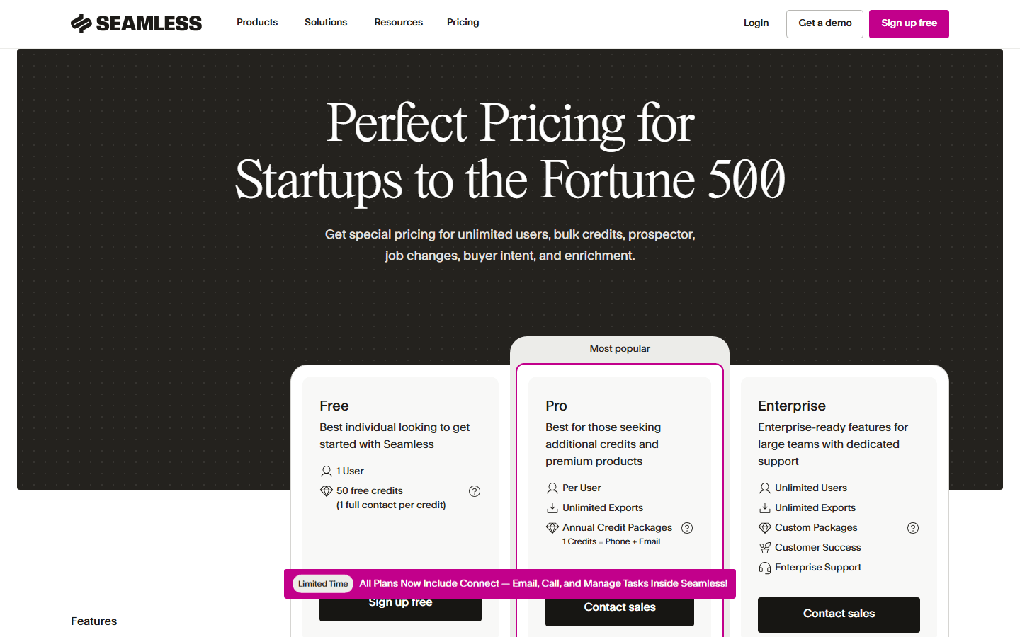 Seamless.AI pricing page showing Free, Pro, and Enterprise tiers