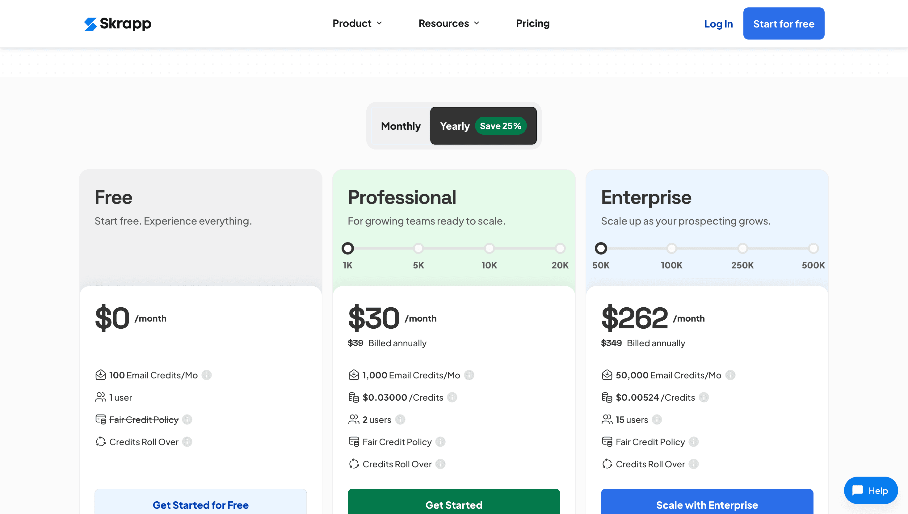 Skrapp.io pricing page showing plans and costs