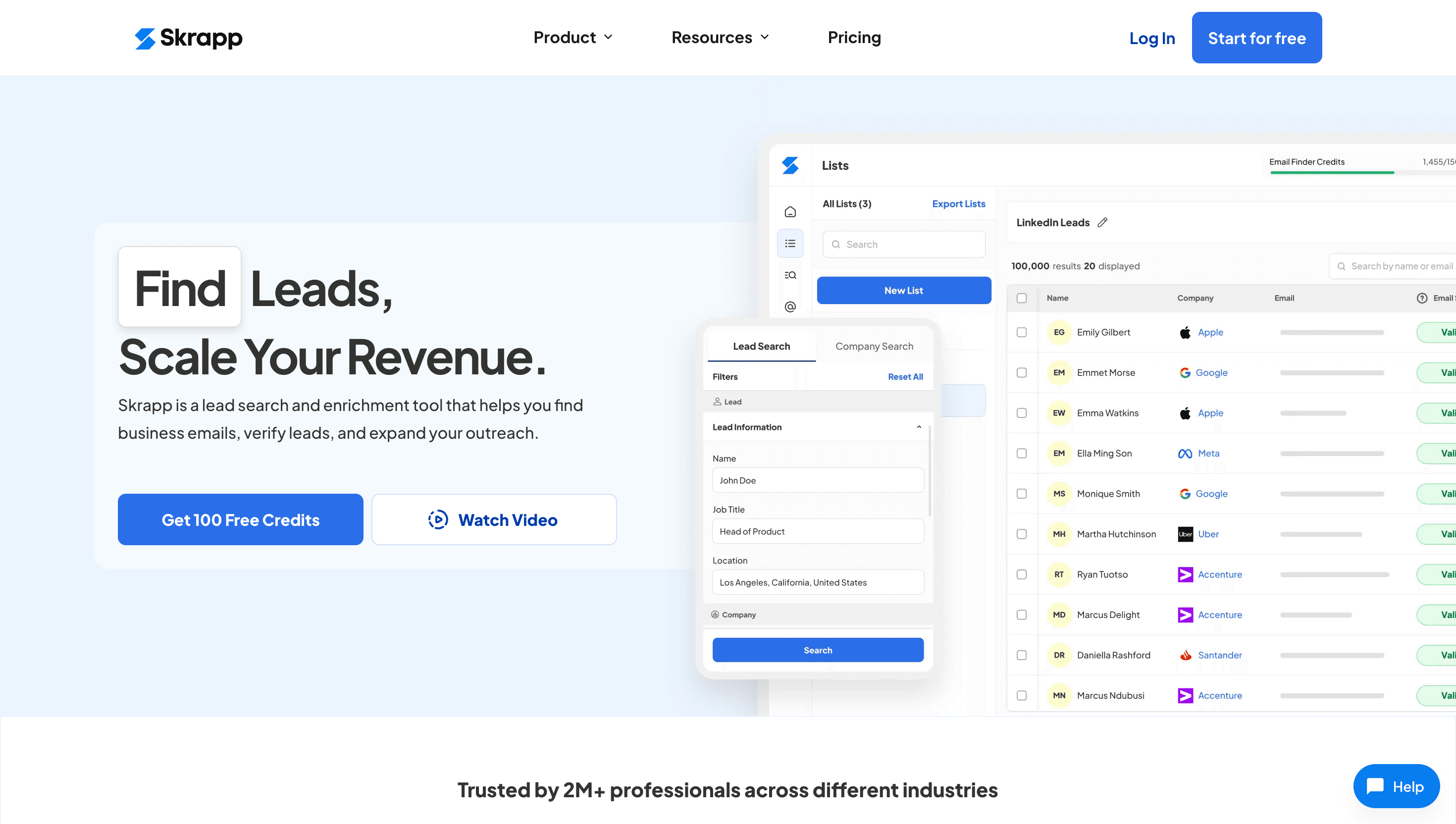 Skrapp.io platform showing email finder and LinkedIn integration