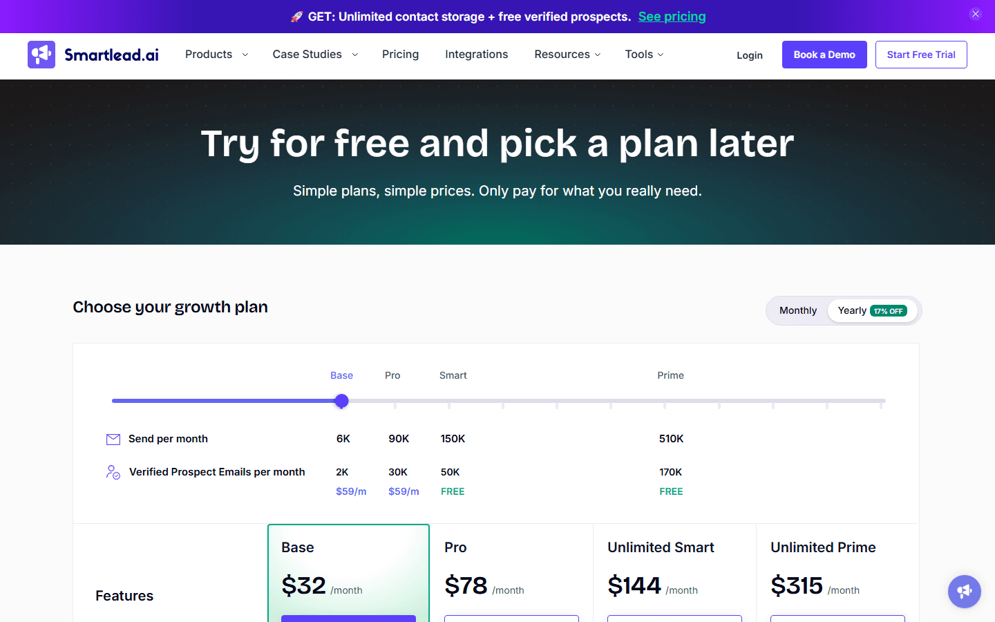 Smartlead pricing page showing Base, Pro, Smart, and Prime tiers with Monthly/Yearly toggle