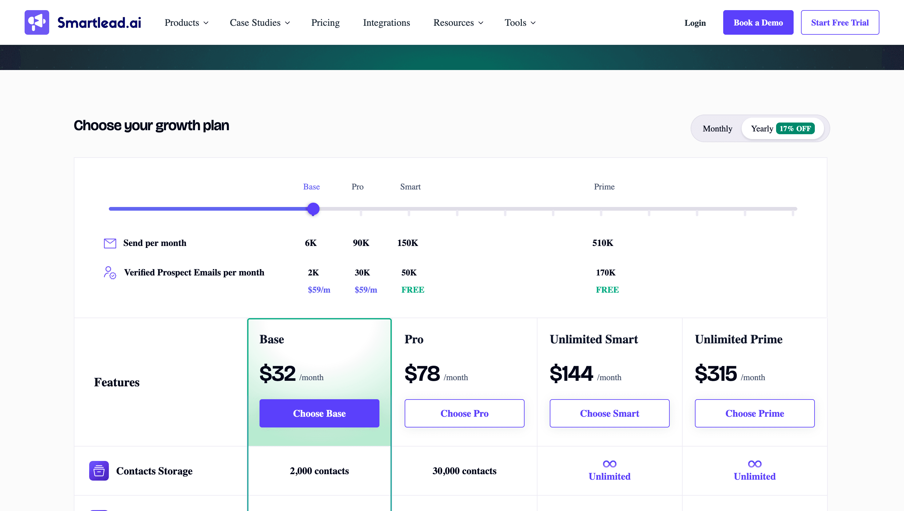 Smartlead pricing page showing plans and costs
