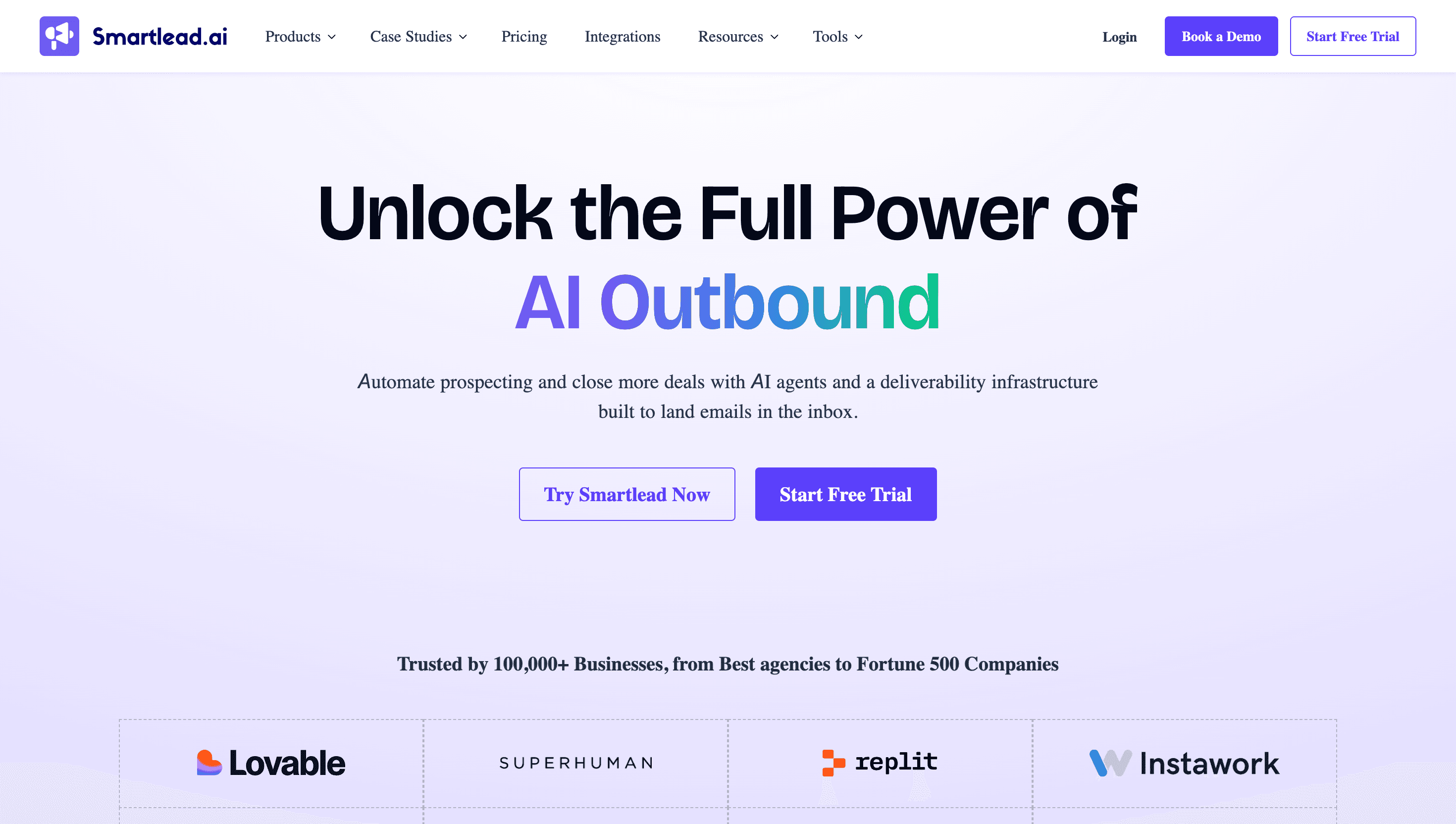 Smartlead cold email platform showing unlimited mailboxes, email warmup, and campaign management