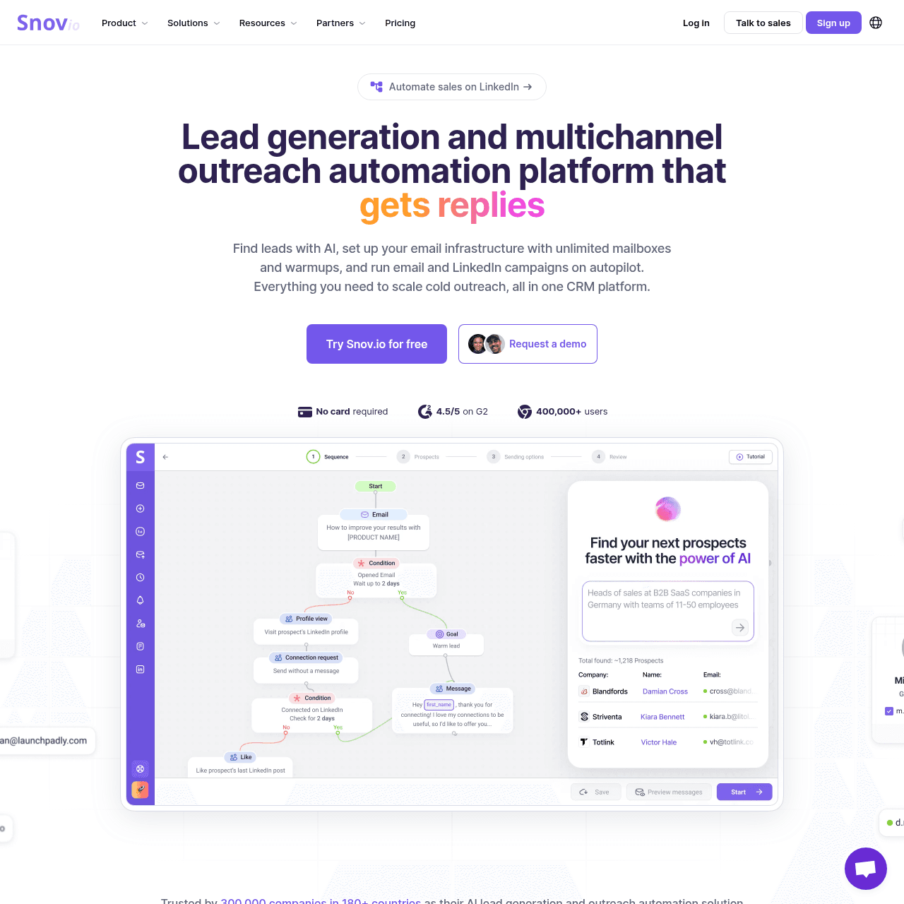Snov.io homepage in May 2026 showing the all-in-one sales toolkit positioning