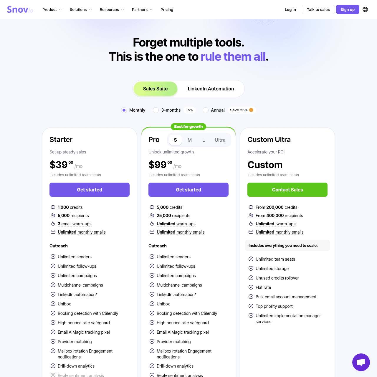 Snov.io pricing comparison page showing Trial, Starter, Pro S/M/L tiers with credit and recipient columns