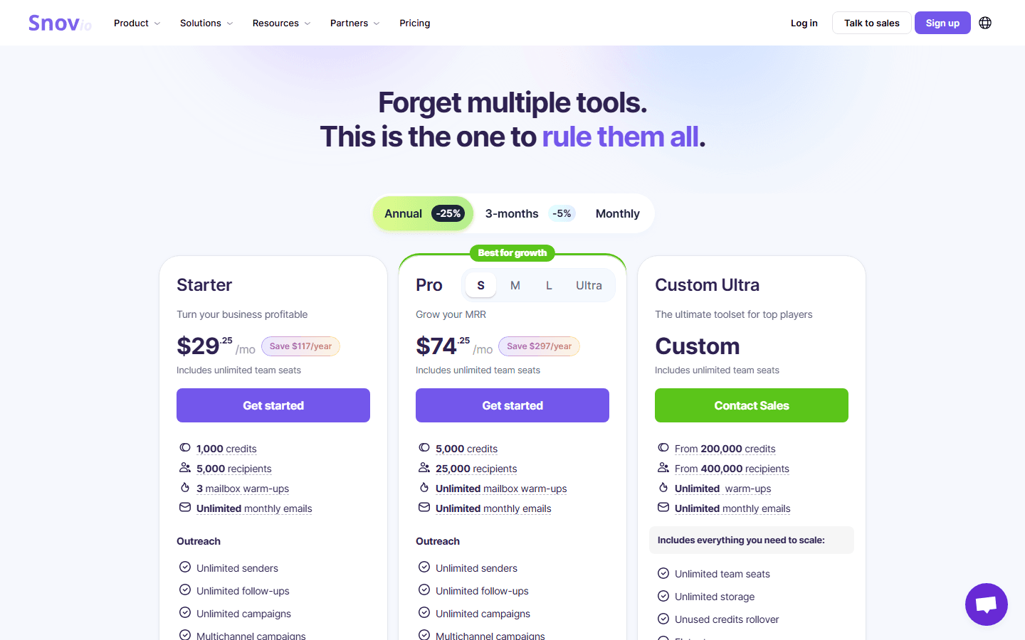 Snov.io pricing page showing plans and costs