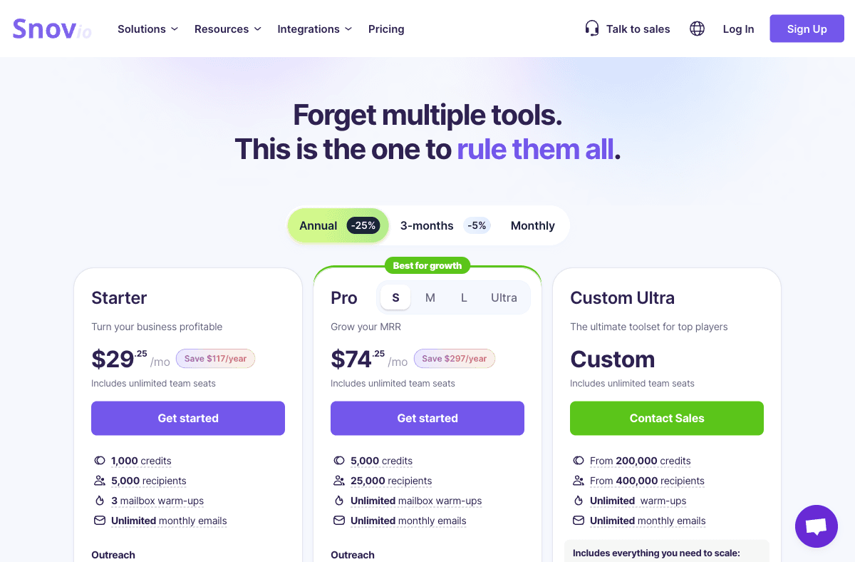 Snov.io pricing page showing plans and costs