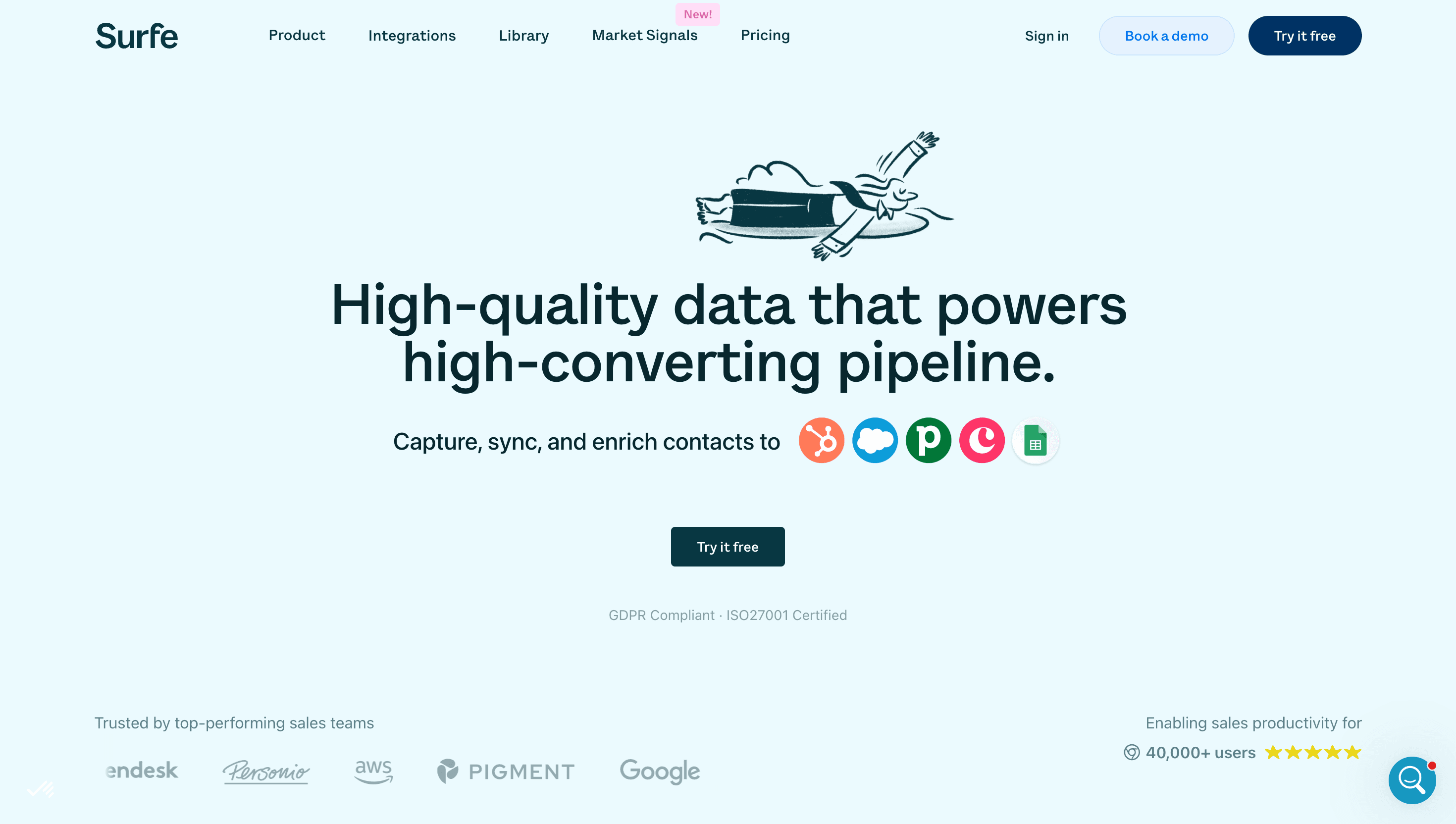 Surfe platform showing LinkedIn to CRM integration with contact sync and deal management
