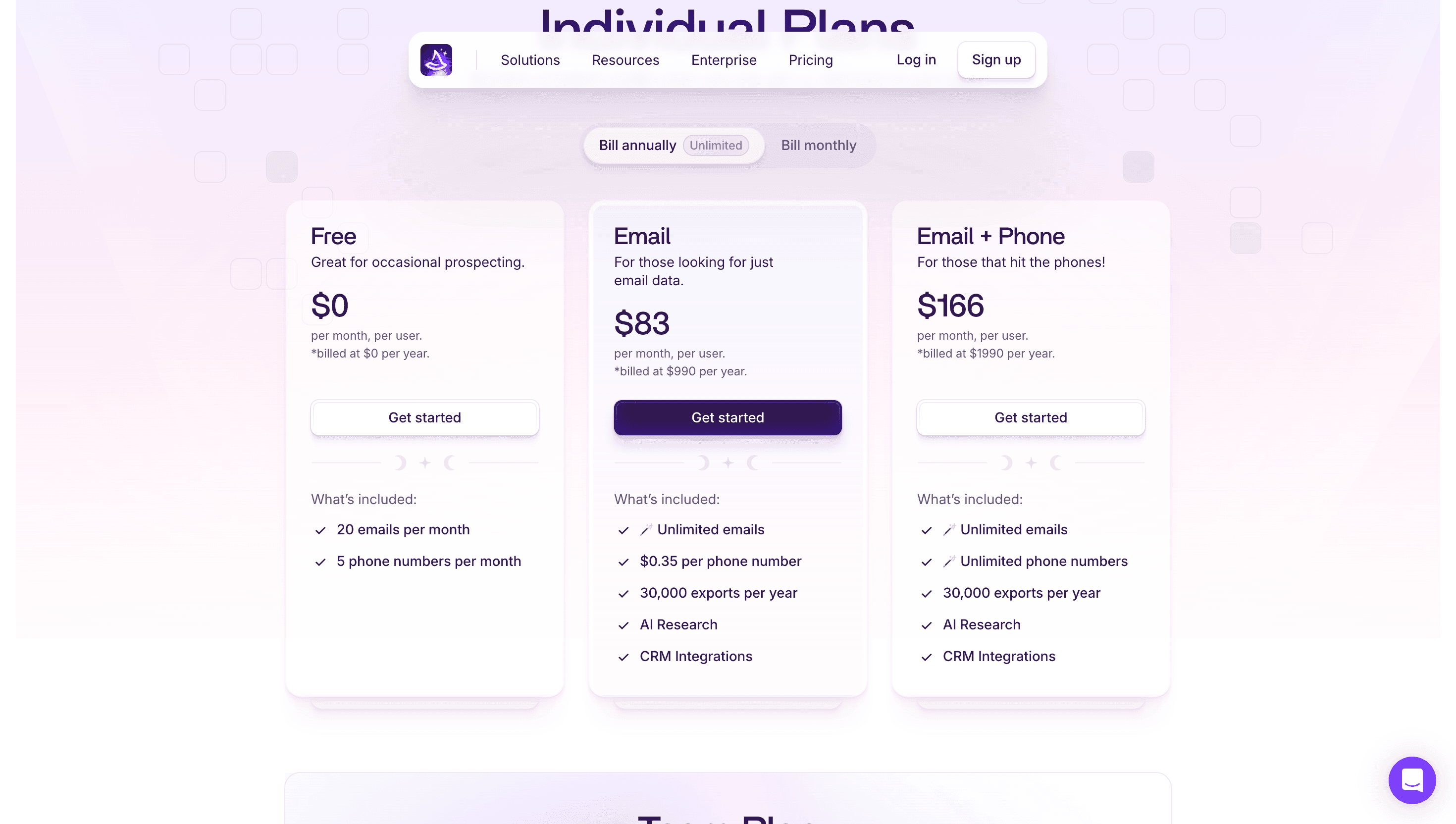 Wiza pricing page showing Free, Email, and Email + Phone plans